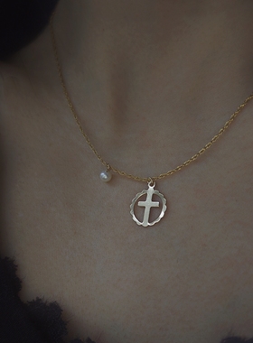 du家货源~美国进口14k包金花边十字架珍珠锁骨链女项链~不掉色