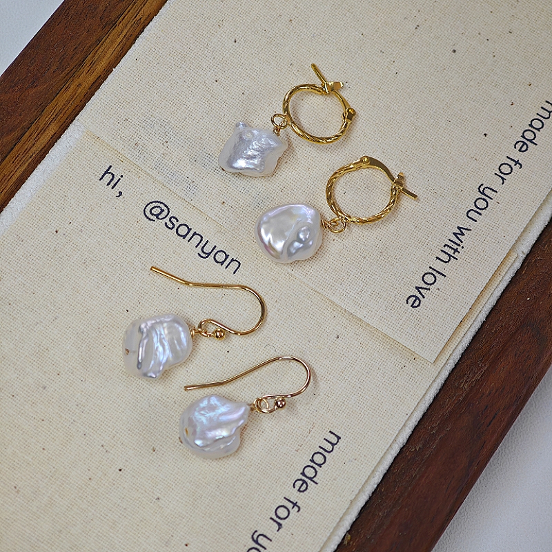 三言sanyan天然淡水珍珠碎银子美国进口14k包金耳环女耳圈气质