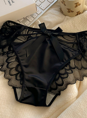 黑色蕾丝镂空透明丁字裤女低腰无痕蝴蝶结三角女士内裤透视底裤