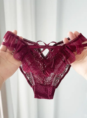 性感蕾丝丁字裤女低腰系带无痕内裤深红色欧美交叉绑带新款三角裤