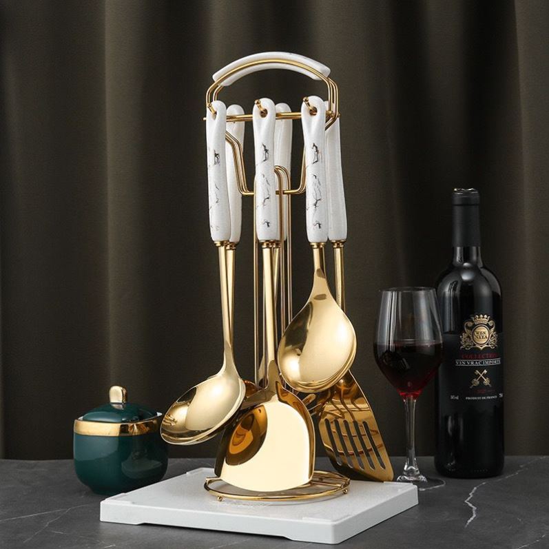 加厚304不锈钢防烫厨具七件套炒菜用的锅铲子漏勺汤勺煎铲全套装