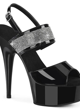 15CM超高跟鞋防水台黑色水钻凉鞋夜场舞台演出鞋一字扣带模特鞋