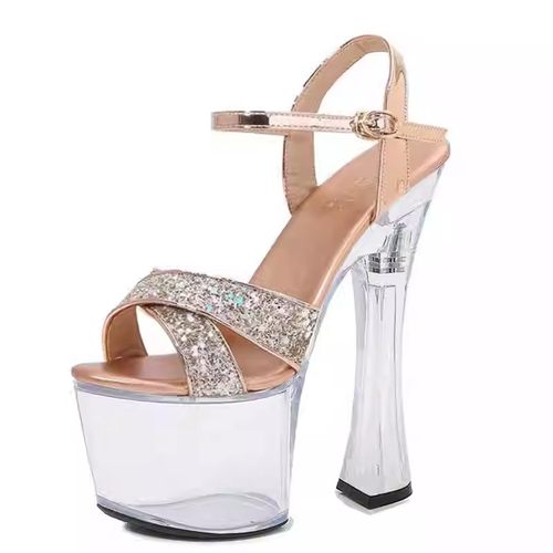 恨天高高跟鞋18cm公分粗跟凉鞋车模t台走秀礼服透明水晶跟底鞋