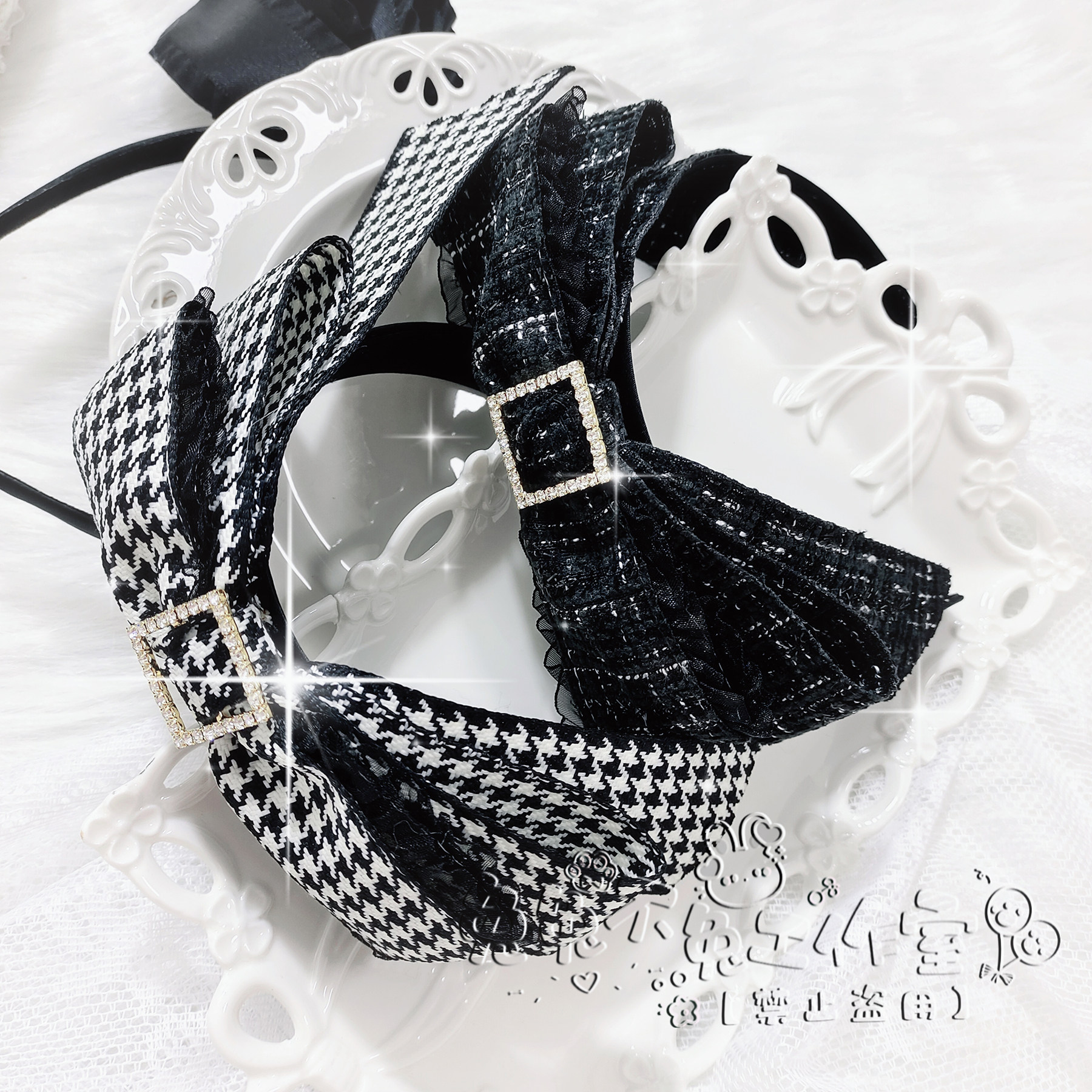 thumbnail for Lai mass-produced rhinestones small fragrance houndstooth bow lace headbands Lolita headdress