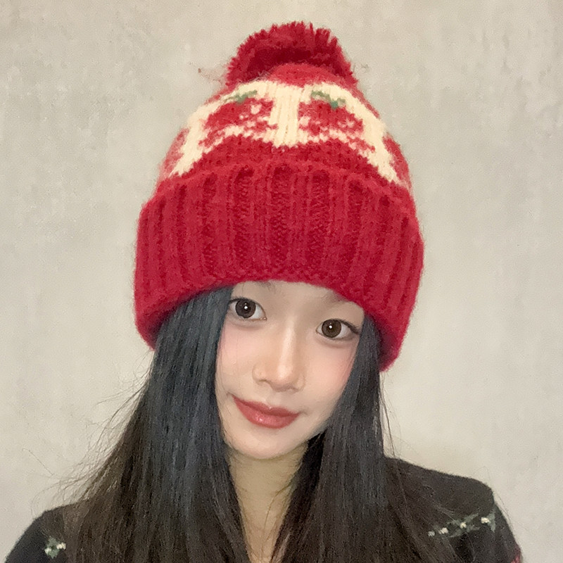 韩版冬季针织毛线帽子女士可爱保暖毛球苹果提花帽百搭护耳包头帽