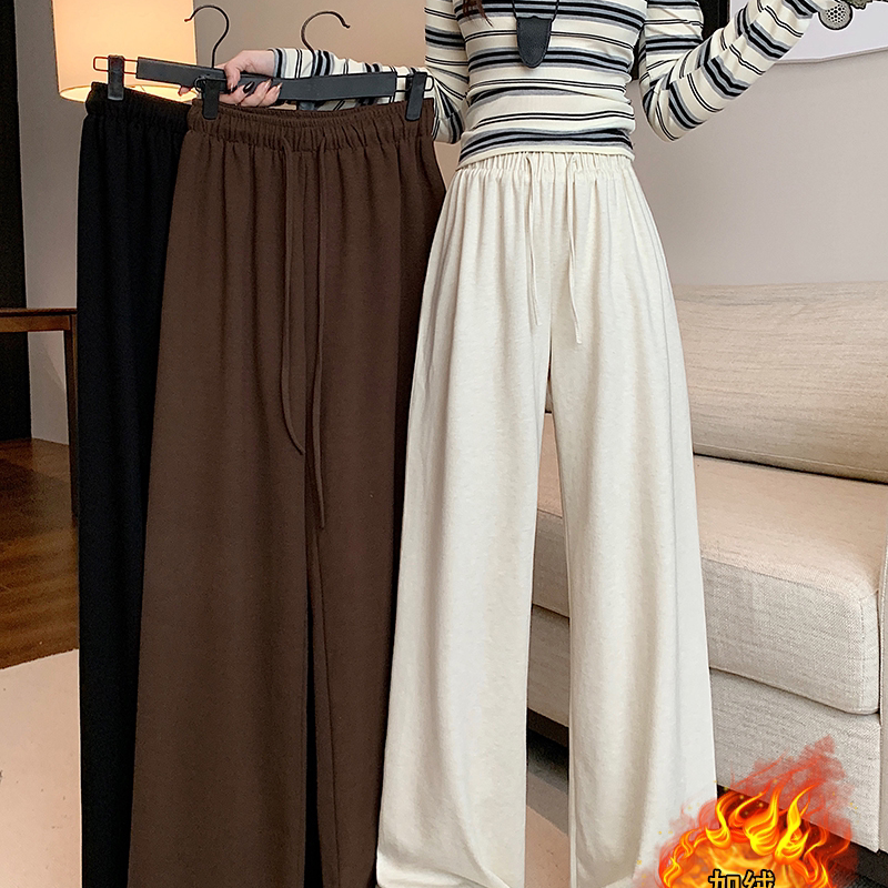 实拍2025秋冬装新款胖mm大码女简约休闲高腰松紧抽绳显瘦阔腿裤