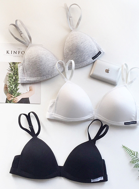 日系纯棉舒适三角杯内衣女无钢圈薄款小胸文胸全棉纯色基础AB胸罩