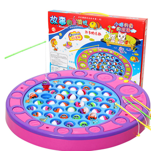 儿童磁性钓鱼宝宝电动玩具双层音乐大盘旋转鱼钩益智挂钩鱼篓游戏