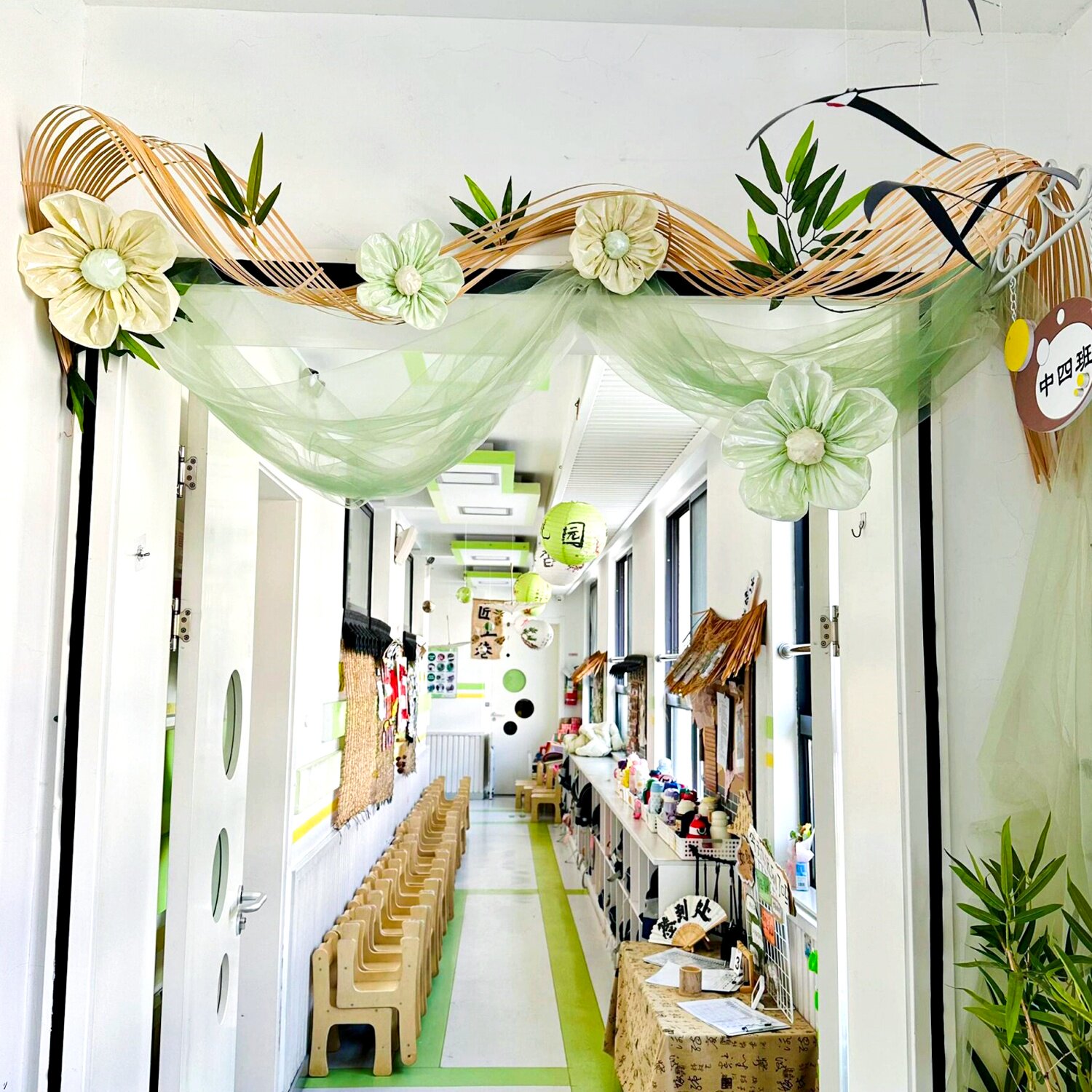 春天大门吊饰幼儿园空中网纱环创材料布置自然角教室装饰新中式