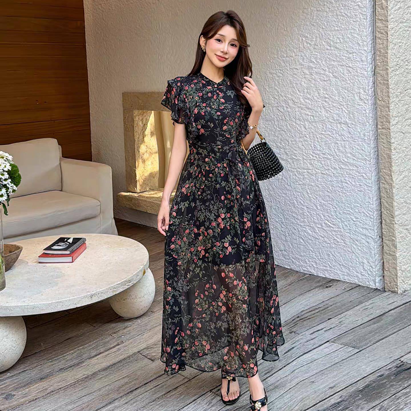 新中式旗袍连衣裙女夏季2026新款收腰修身女人味两穿碎花雪纺裙子