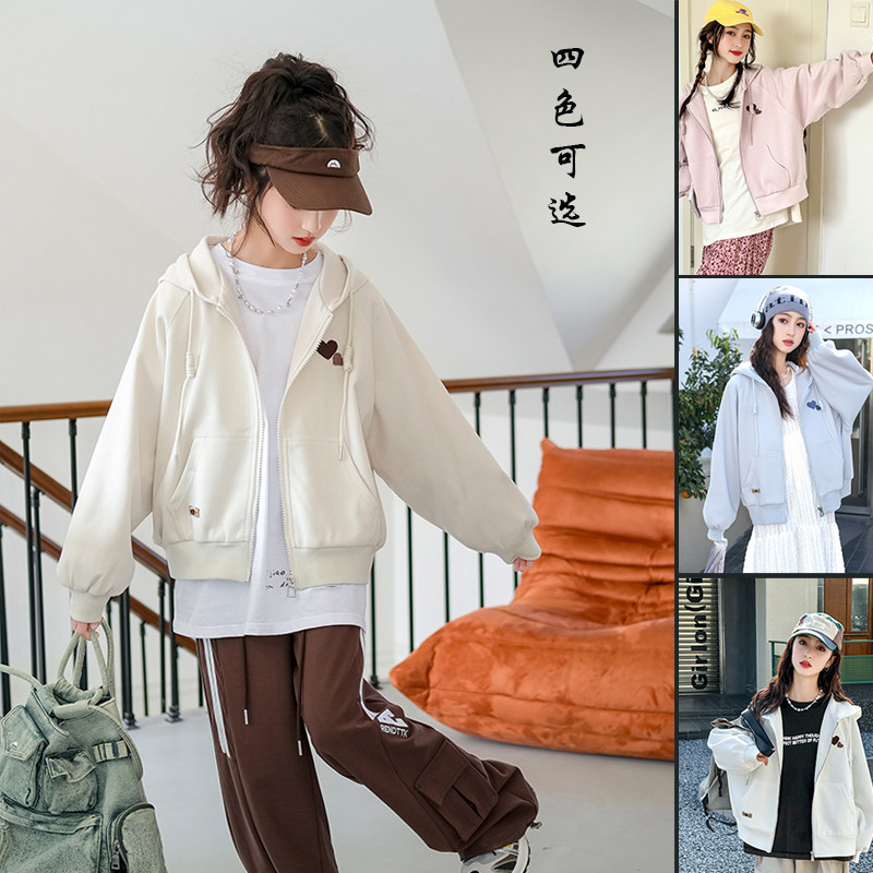 骄骄虎女大童外套2024春季新款初中生青少年连帽卫衣外套上衣6037