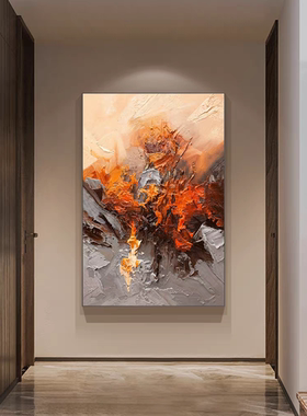 油画客厅挂画橙色玄关画竖版现代简约轻奢高档入户巨幅大芬村壁画