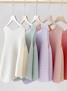 【清仓】三宅艺创圆领无袖T恤女新款不规则纯色背心褶皱百搭上衣