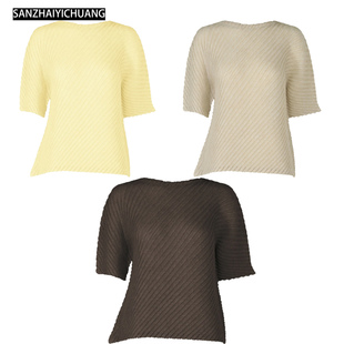 三宅艺创女装2025年6月初新款百搭短袖圆领上衣褶皱宽松减龄T恤女