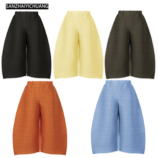 三宅艺创2026新款裤子高腰横纹休闲阔腿裤褶皱百搭松紧腰七分裤女