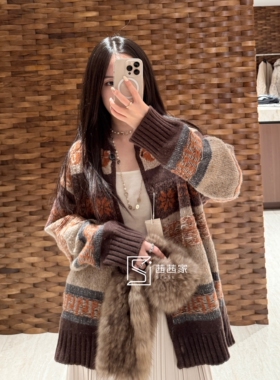 意大利代FARI新款复古提花廓形棒球款厚实全羊毛开衫毛衣外套女秋