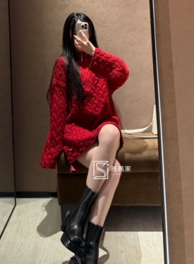 意大利代Fari全羊绒红色针织衫半拉链高领绞花宽松显瘦毛衣女上衣
