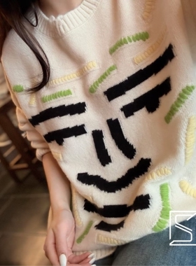 意大利代FARI涂鸦大师全羊绒针织衫女圆领毛衣宽松显瘦打底衫上衣