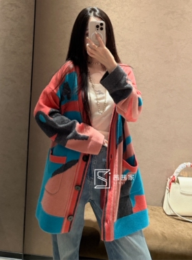 意大利代FARI全羊绒西海岸撞色针织开衫女毛衣外套上衣秋冬新款