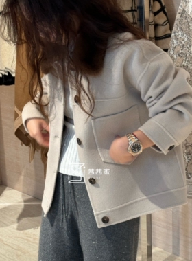 意大利代FARI水貂毛毛领燕麦色羊绒羊毛短款夹克外套女士呢大衣