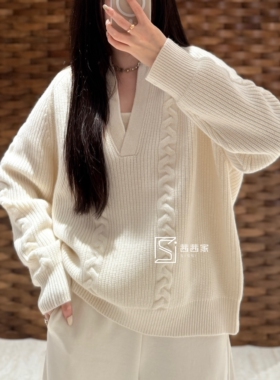 意大利代Fari老钱风羊绒V领毛衣女宽松慵懒风针织衫上衣套头毛衣