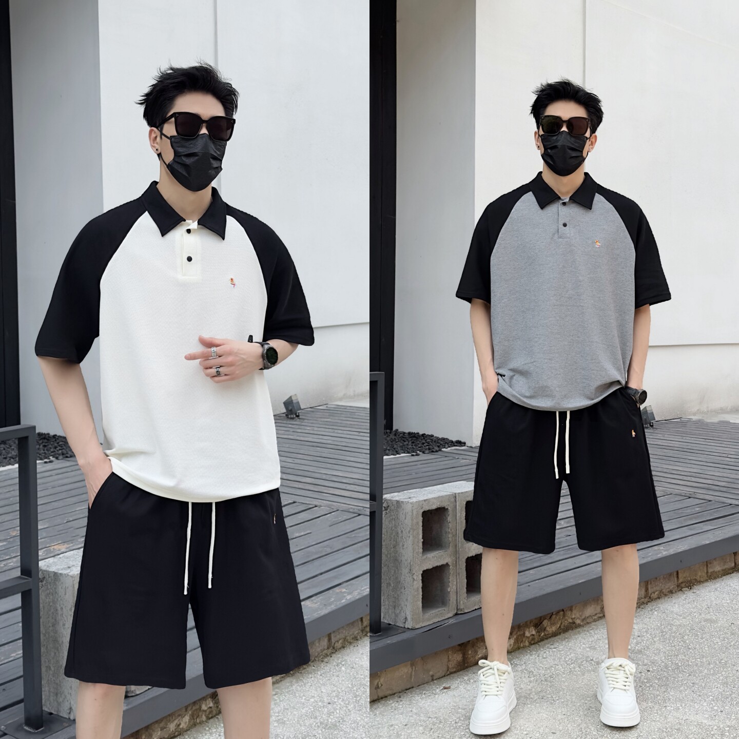 夏季翻领拼色短袖套装男生宽松潮牌短裤套装凉感痞帅成套简约舒适