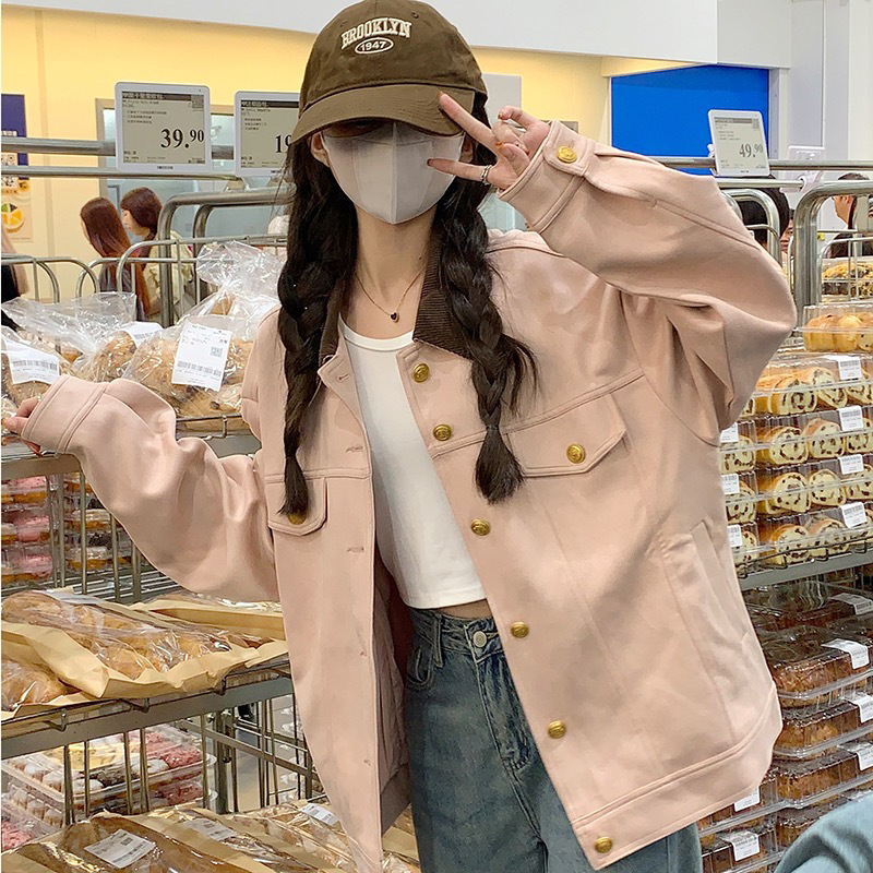 粉色麂皮绒短外套女春秋2025新款韩系学院风甜美减龄休闲夹克开衫