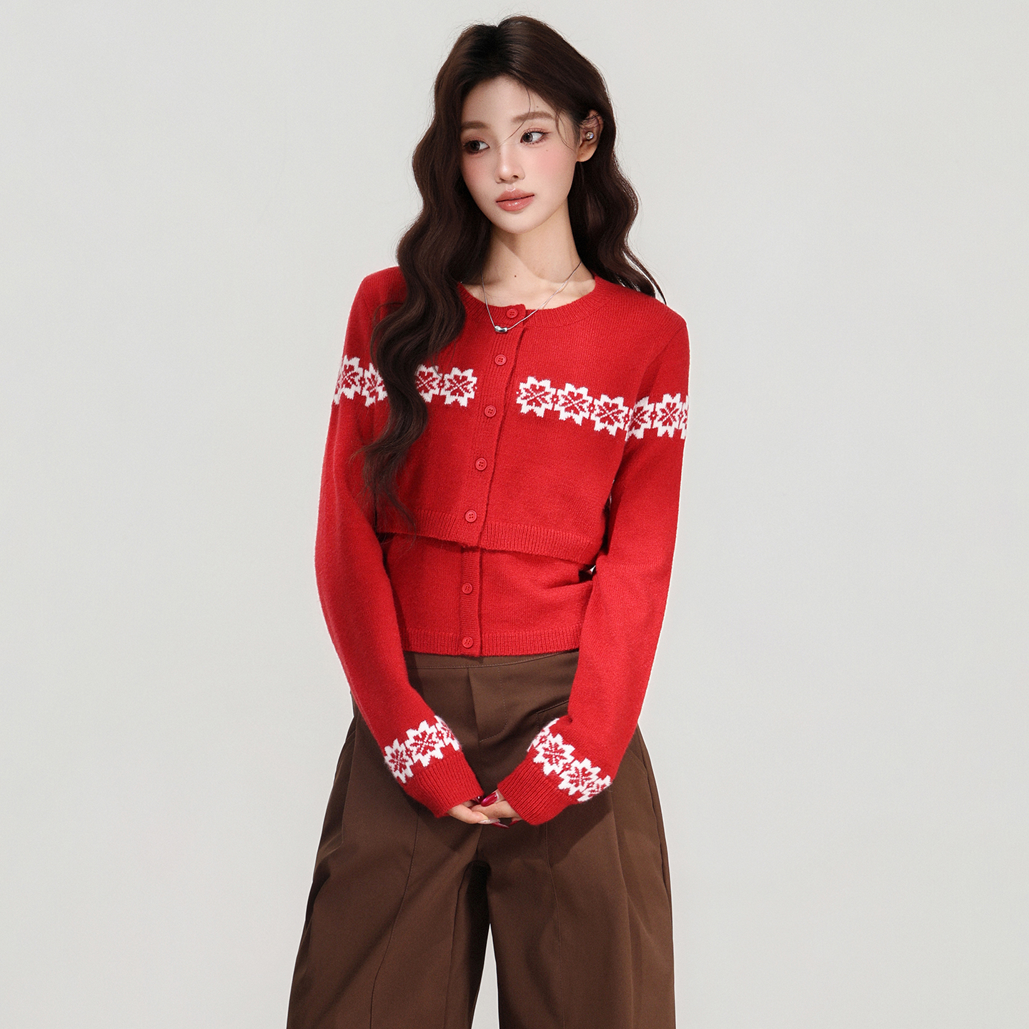 实拍实价2025费尔岛针织开衫女秋冬显瘦吊带背心氛围感上衣两件套