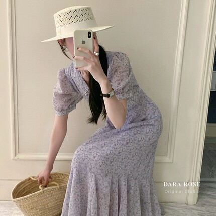 DARA ROSE-其纱面料浅紫色梦幻唯美配蓝紫色碎花系带连衣裙G0376