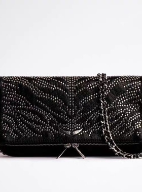BIMBA Y LOLA时尚ZV同款定制黑色铆钉链条女包 单肩斜跨手拿包