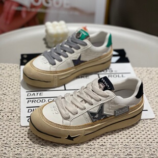 真皮厚底拼色复古小白鞋女2026系带星星橡胶底百搭板鞋舒适休闲鞋