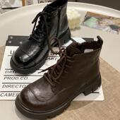 真皮英伦风时尚 舒适单靴短靴2025秋冬新款 小个子系带侧拉链厚底靴