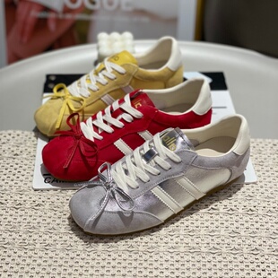 系带韩版复古真皮拼色蝴蝶结德训鞋女软底休闲运动鞋内增高平底鞋