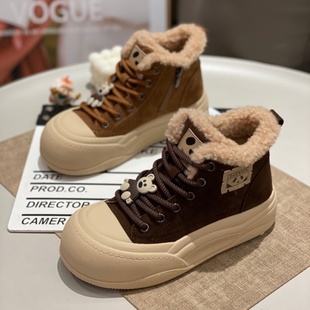 高帮鞋女款2025年新款厚底加绒系带真皮时尚百搭轻便休闲雪地棉鞋