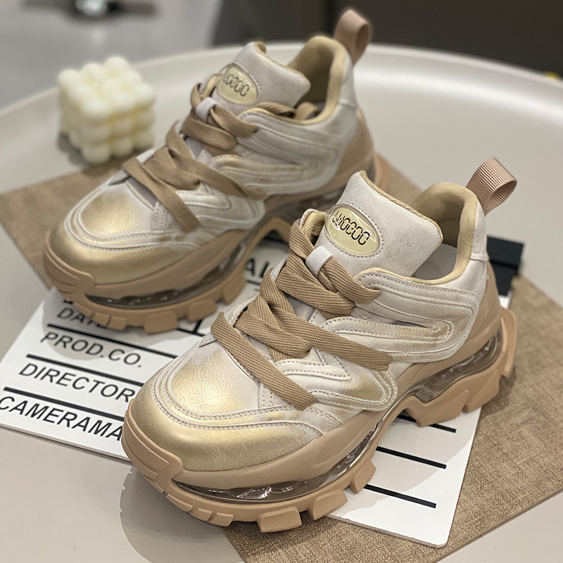 时尚复古真皮防滑厚底老爹鞋女2025春新款增高洋气复古休闲运动鞋