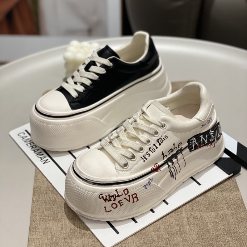 厚底松糕小白鞋女2025春季新款潮国风涂鸦轻便增高小个子休闲板鞋