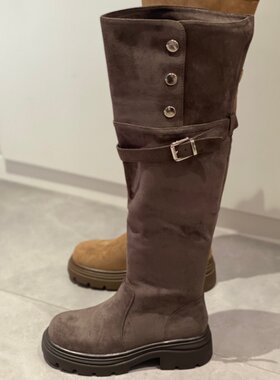 秋冬绒面高筒女骑士靴厚底方跟