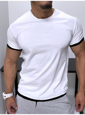 假两件型男短袖收腰t恤黑白色紧身修身运动拼接健身纯色夏打底