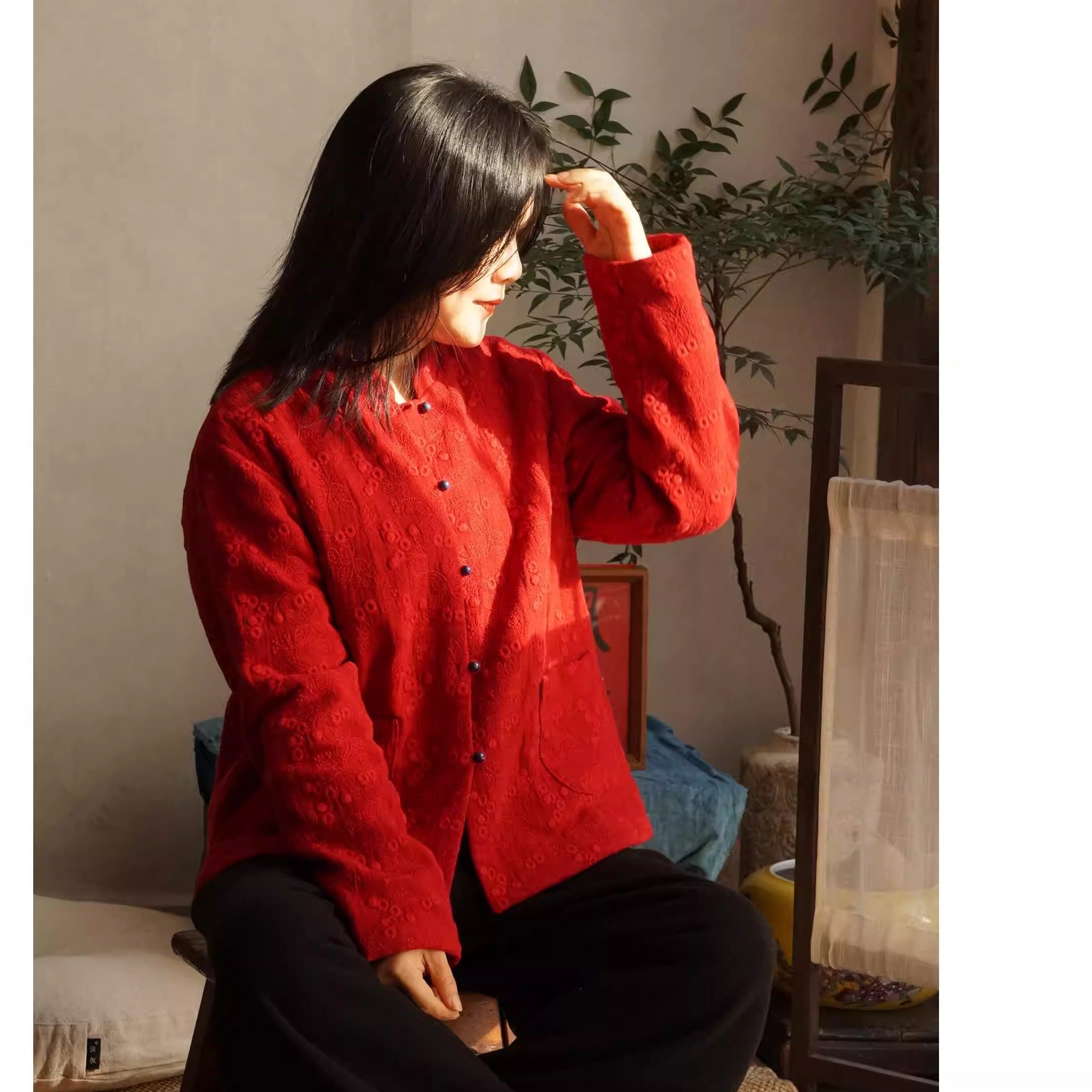 年轮柜中缘原创中式新年红色满绣亚麻改良唐装薄棉衣棉外套女春