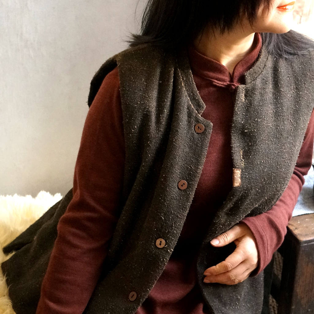 秋思柜中缘原创中式野生柞蚕丝夹棉马甲背心文艺复古手工贴布女冬