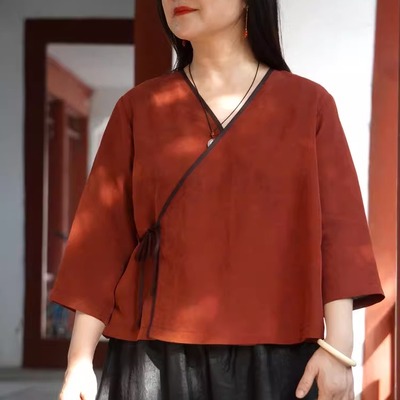 无忧柜中缘原创复古红色香云纱龟裂纹真丝轻薄汉服小衫上衣女夏