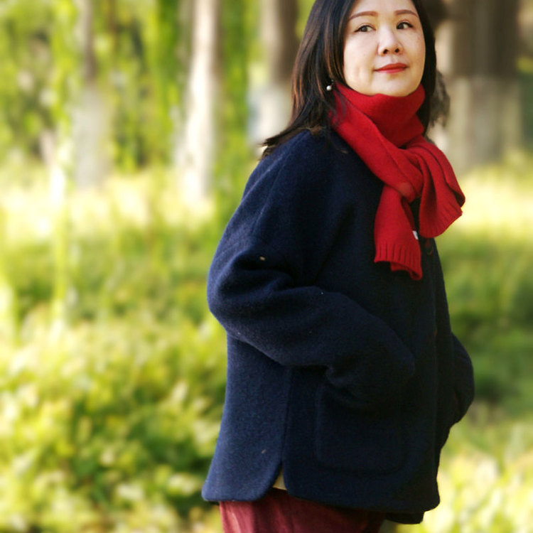 浮世绘柜中缘原创藏青色羊毛针织呢短大衣香云纱包扣潇洒通勤女冬