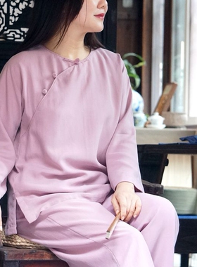 时光煮雨柜中缘原创重磅粉紫色铜氨天丝雅致中式家居服套装女春