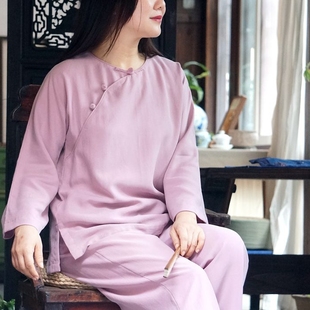 时光煮雨柜中缘原创重磅粉紫色铜氨天丝雅致中式家居服套装女春