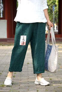 绿肥红瘦柜中缘原创文艺复古贴补手缝线墨绿色薄亚麻休闲裤 子女夏