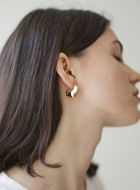 niceto 金银2色入抛光异形开口圈空心不坠耳法式复古925银针耳环