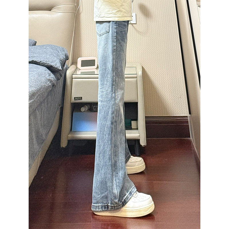 美式竹节闪电纹微喇牛仔裤男款高街vibe裤子cleanfit修身直筒裤