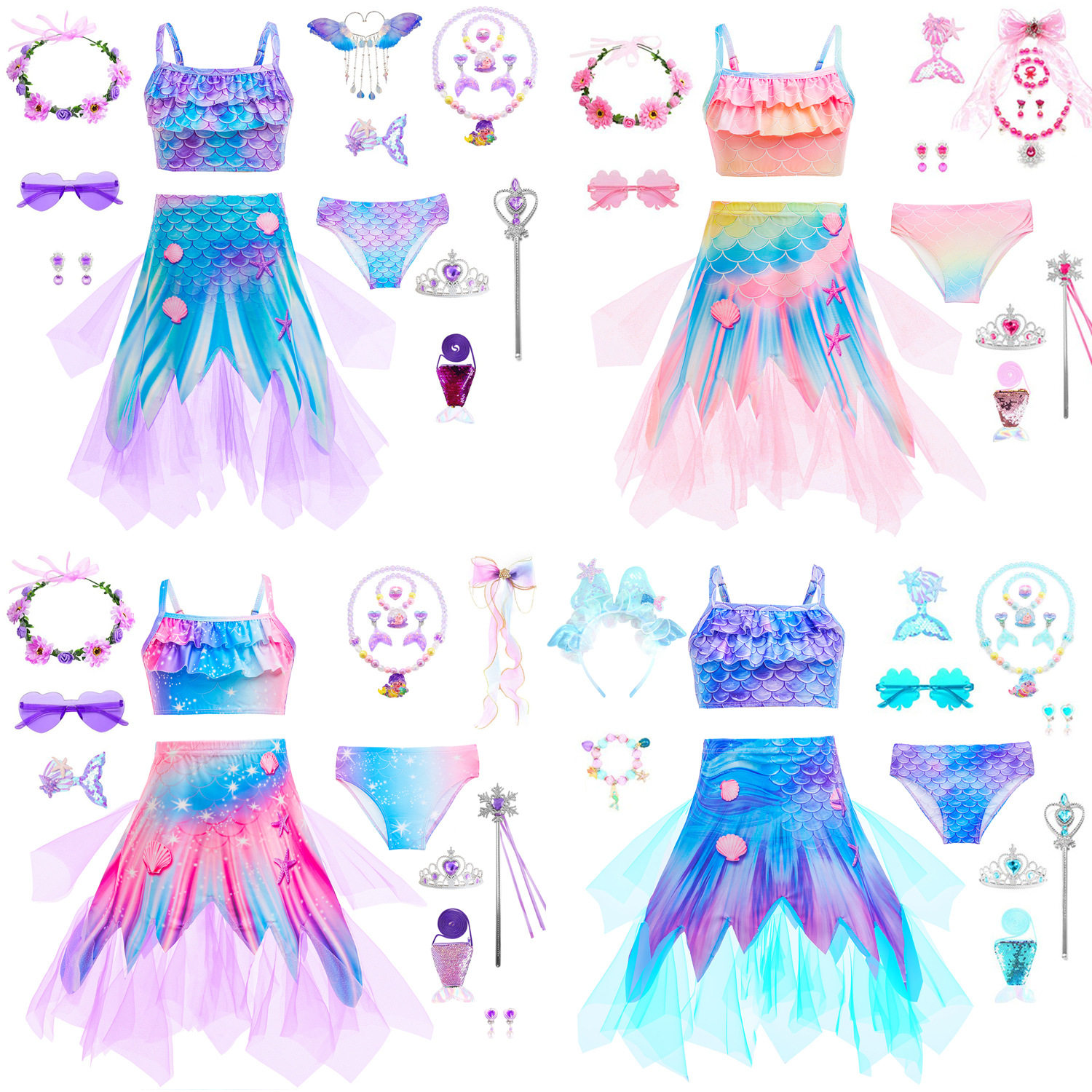 美人鱼分体游泳衣女童鱼尾巴公主纱裙泳装海边度假温泉拍照三件套