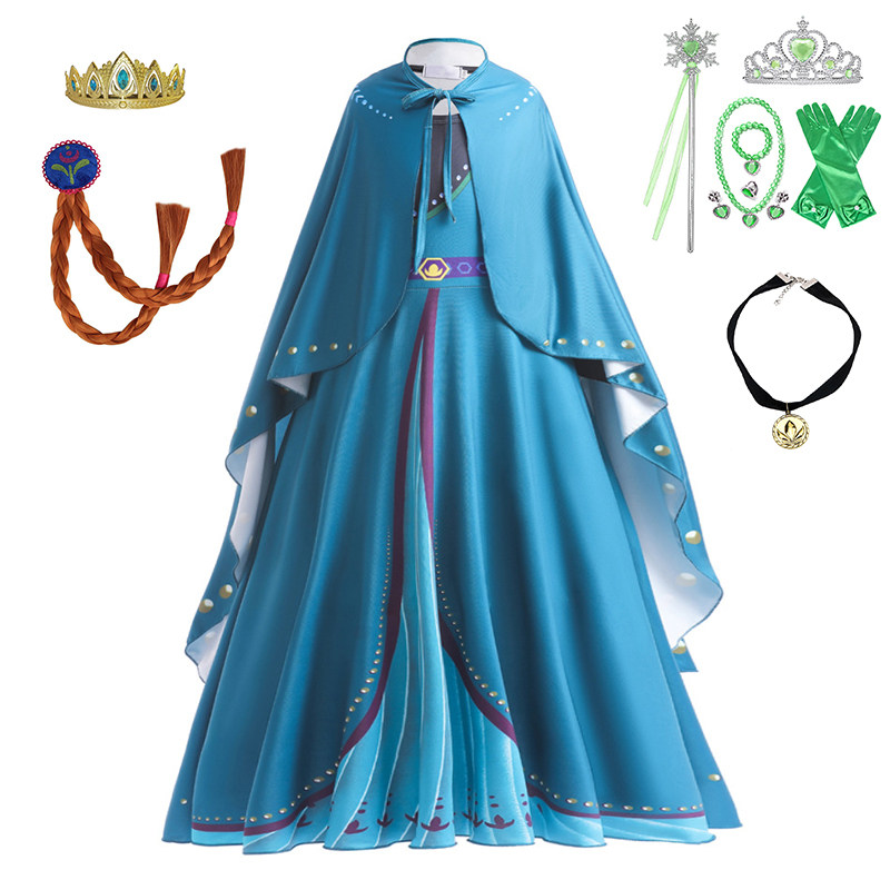 冰雪奇缘安娜公主裙牛奶丝长裙带披风frozen2蓝色加冕礼服两件套