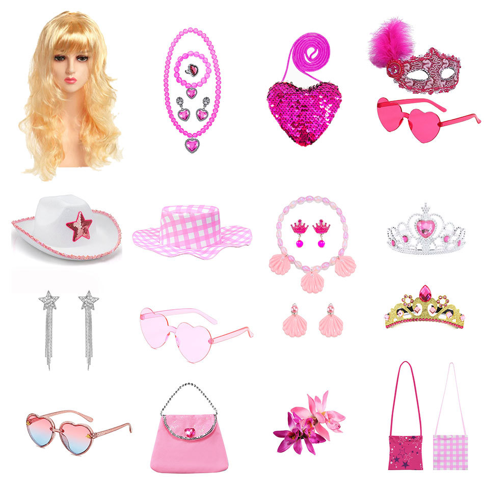 芭比公主裙配饰女童角色扮演皇冠魔法棒粉色项链帽子手套小包眼镜